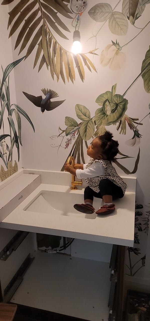 Moving Walls — Powder room sink and wallpaper